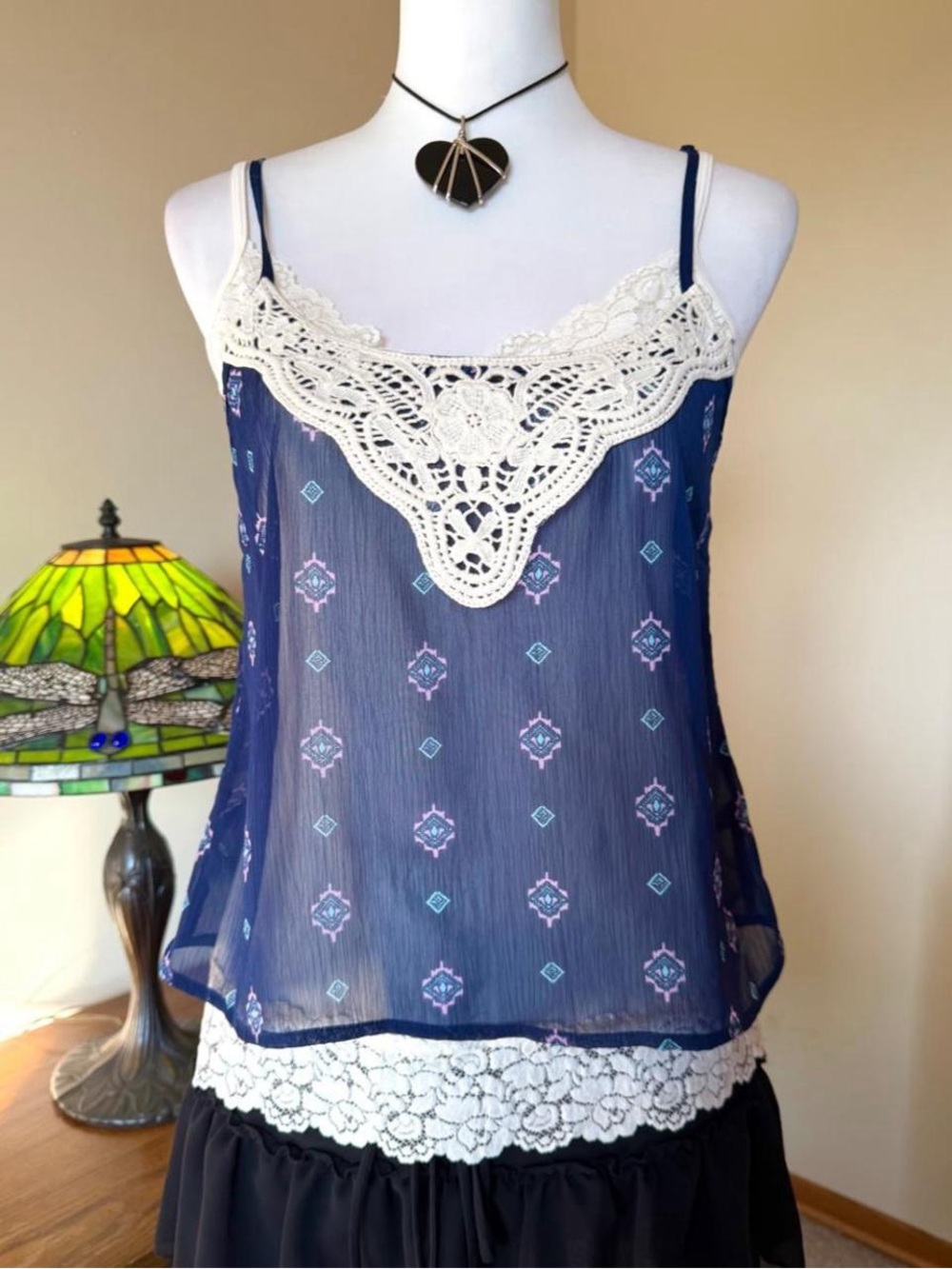 Charlotte Russe Navy Sheer Camisole with Cream Lace Trim